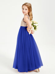 Long Junior Bridesmaid Gown Sequined Top Tulle Skirt Royal Blue