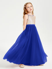 Long Junior Bridesmaid Gown Sequined Top Tulle Skirt Royal Blue