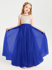 Long Junior Bridesmaid Gown Sequined Top Tulle Skirt Royal Blue
