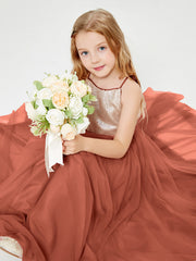 Long Junior Bridesmaid Gown Sequined Top Tulle Skirt Rust