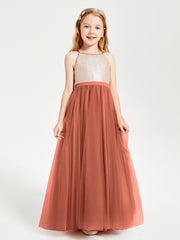 Long Junior Bridesmaid Gown Sequined Top Tulle Skirt Rust