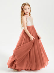 Long Junior Bridesmaid Gown Sequined Top Tulle Skirt Rust
