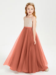 Long Junior Bridesmaid Gown Sequined Top Tulle Skirt Rust