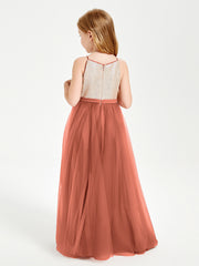 Long Junior Bridesmaid Gown Sequined Top Tulle Skirt Rust