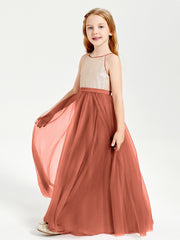 Long Junior Bridesmaid Gown Sequined Top Tulle Skirt Rust