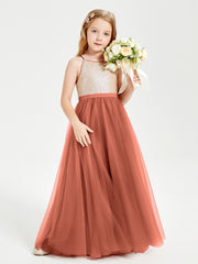 Long Junior Bridesmaid Gown Sequined Top Tulle Skirt Rust