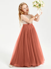 Long Junior Bridesmaid Gown Sequined Top Tulle Skirt Rust