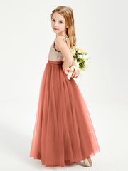 Long Junior Bridesmaid Gown Sequined Top Tulle Skirt Rust