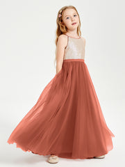 Long Junior Bridesmaid Gown Sequined Top Tulle Skirt Rust