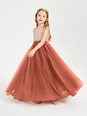 Long Junior Bridesmaid Gown Sequined Top Tulle Skirt Rust