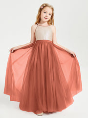 Long Junior Bridesmaid Gown Sequined Top Tulle Skirt Rust