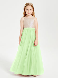 Long Junior Bridesmaid Gown Sequined Top Tulle Skirt Sage