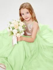 Long Junior Bridesmaid Gown Sequined Top Tulle Skirt Sage