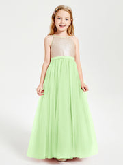 Long Junior Bridesmaid Gown Sequined Top Tulle Skirt Sage