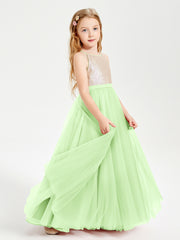 Long Junior Bridesmaid Gown Sequined Top Tulle Skirt Sage