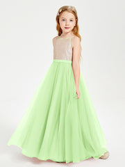 Long Junior Bridesmaid Gown Sequined Top Tulle Skirt Sage