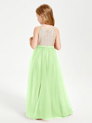 Long Junior Bridesmaid Gown Sequined Top Tulle Skirt Sage