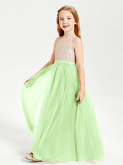 Long Junior Bridesmaid Gown Sequined Top Tulle Skirt Sage