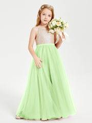 Long Junior Bridesmaid Gown Sequined Top Tulle Skirt Sage