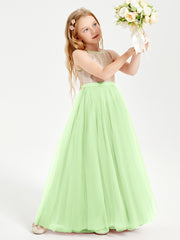 Long Junior Bridesmaid Gown Sequined Top Tulle Skirt Sage