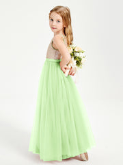 Long Junior Bridesmaid Gown Sequined Top Tulle Skirt Sage