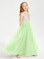 Long Junior Bridesmaid Gown Sequined Top Tulle Skirt Sage