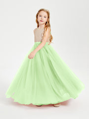 Long Junior Bridesmaid Gown Sequined Top Tulle Skirt Sage