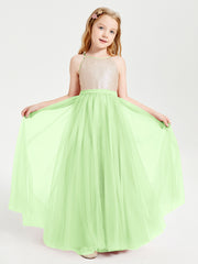 Long Junior Bridesmaid Gown Sequined Top Tulle Skirt Sage