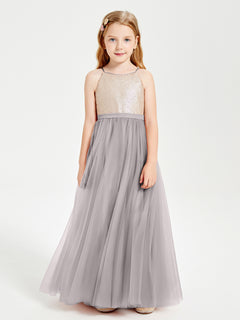 Long Junior Bridesmaid Gown Sequined Top Tulle Skirt Silver