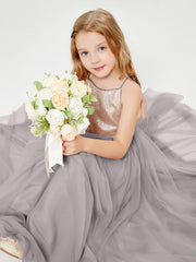 Long Junior Bridesmaid Gown Sequined Top Tulle Skirt Silver
