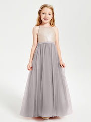 Long Junior Bridesmaid Gown Sequined Top Tulle Skirt Silver
