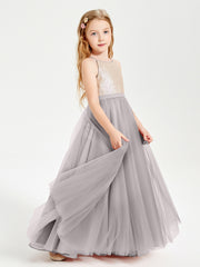Long Junior Bridesmaid Gown Sequined Top Tulle Skirt Silver
