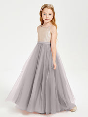 Long Junior Bridesmaid Gown Sequined Top Tulle Skirt Silver