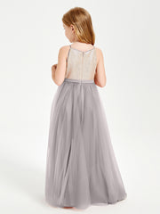 Long Junior Bridesmaid Gown Sequined Top Tulle Skirt Silver