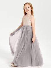 Long Junior Bridesmaid Gown Sequined Top Tulle Skirt Silver
