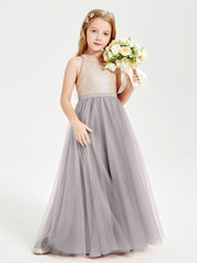 Long Junior Bridesmaid Gown Sequined Top Tulle Skirt Silver