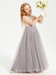 Long Junior Bridesmaid Gown Sequined Top Tulle Skirt Silver