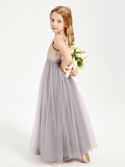 Long Junior Bridesmaid Gown Sequined Top Tulle Skirt Silver