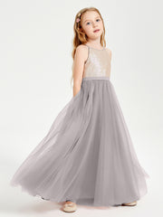 Long Junior Bridesmaid Gown Sequined Top Tulle Skirt Silver