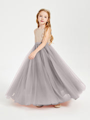 Long Junior Bridesmaid Gown Sequined Top Tulle Skirt Silver