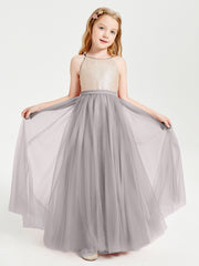 Long Junior Bridesmaid Gown Sequined Top Tulle Skirt Silver
