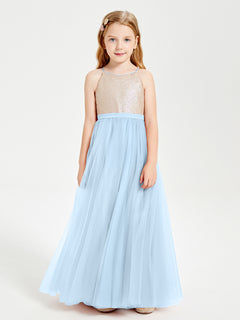 Long Junior Bridesmaid Gown Sequined Top Tulle Skirt Sky Blue