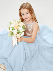 Long Junior Bridesmaid Gown Sequined Top Tulle Skirt Sky Blue