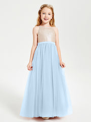 Long Junior Bridesmaid Gown Sequined Top Tulle Skirt Sky Blue
