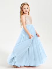 Long Junior Bridesmaid Gown Sequined Top Tulle Skirt Sky Blue