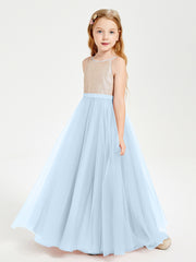 Long Junior Bridesmaid Gown Sequined Top Tulle Skirt Sky Blue