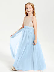 Long Junior Bridesmaid Gown Sequined Top Tulle Skirt Sky Blue