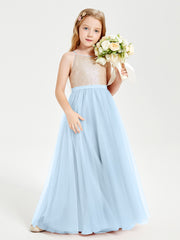 Long Junior Bridesmaid Gown Sequined Top Tulle Skirt Sky Blue