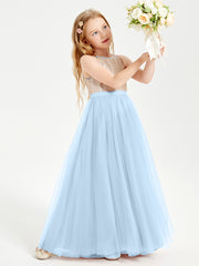 Long Junior Bridesmaid Gown Sequined Top Tulle Skirt Sky Blue