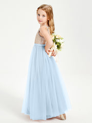 Long Junior Bridesmaid Gown Sequined Top Tulle Skirt Sky Blue